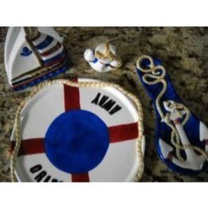 4 Pc Tone World 1998 Nautical Sea Sailboat Napkin Holder Trivet Salt Shaker